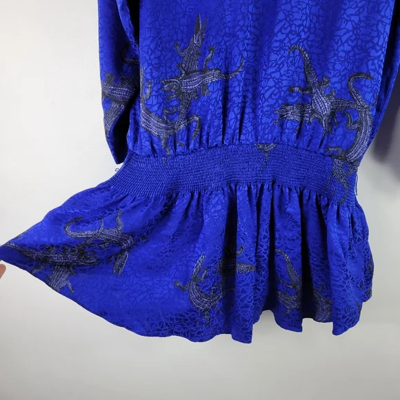 Vintage 90s Nicole Miller Silk Jacquard Alligator Crocodile Peplum Blouse - Picture 4 of 11